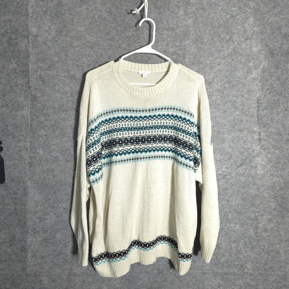 J. Jill Fair Isle Sweater Womens 2X Cream Teal Navy Blue Knit Crewneck Relaxed